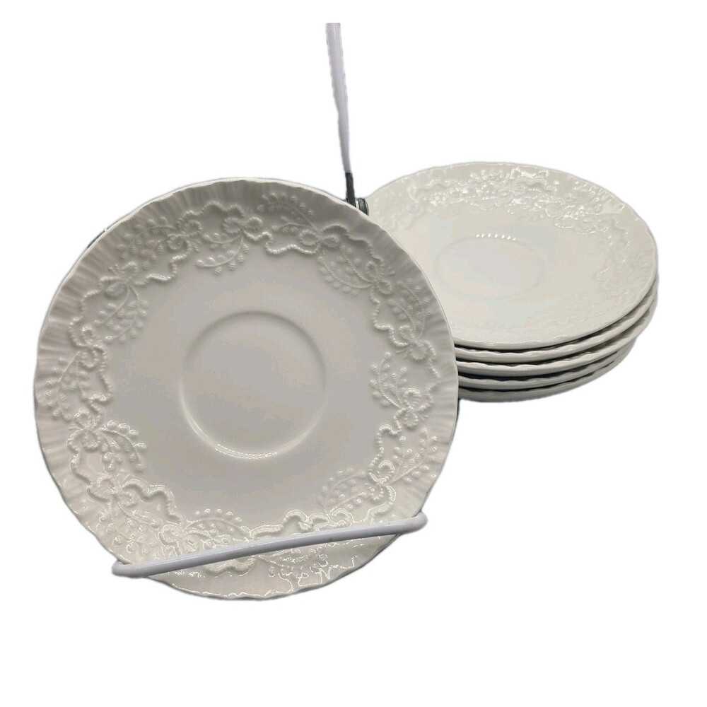 Vintage Set (6) Saucers Ralph Lauren Claire Wedgwood England White Embossed New